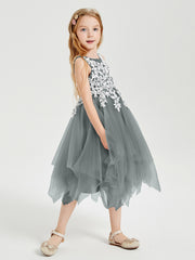 Tea Length Tulle Junior Bridesmaid Dresses Steel Grey