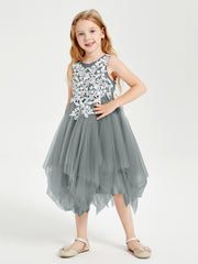 Tea Length Tulle Junior Bridesmaid Dresses Steel Grey