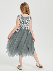 Tea Length Tulle Junior Bridesmaid Dresses Steel Grey