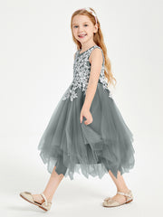 Tea Length Tulle Junior Bridesmaid Dresses Steel Grey