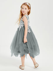 Tea Length Tulle Junior Bridesmaid Dresses Steel Grey