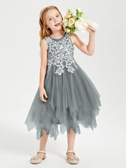 Tea Length Tulle Junior Bridesmaid Dresses Steel Grey