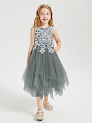 Tea Length Tulle Junior Bridesmaid Dresses Steel Grey