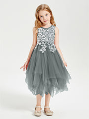 Tea Length Tulle Junior Bridesmaid Dresses Steel Grey