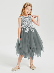 Tea Length Tulle Junior Bridesmaid Dresses Steel Grey