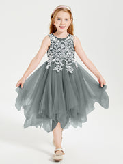 Tea Length Tulle Junior Bridesmaid Dresses Steel Grey