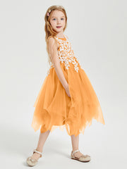 Tea Length Tulle Junior Bridesmaid Dresses Tangerine