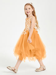 Tea Length Tulle Junior Bridesmaid Dresses Tangerine