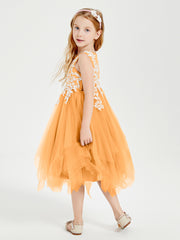 Tea Length Tulle Junior Bridesmaid Dresses Tangerine