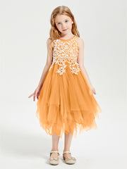 Tea Length Tulle Junior Bridesmaid Dresses Tangerine