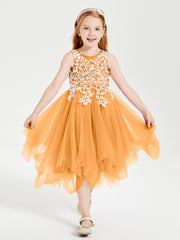 Tea Length Tulle Junior Bridesmaid Dresses Tangerine
