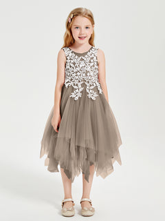 Tea Length Tulle Junior Bridesmaid Dresses Taupe