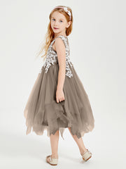 Tea Length Tulle Junior Bridesmaid Dresses Taupe