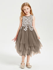 Tea Length Tulle Junior Bridesmaid Dresses Taupe