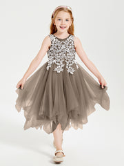 Tea Length Tulle Junior Bridesmaid Dresses Taupe