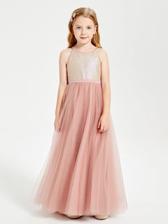Sequined Top Long Tulle Junior Bridesmaid Gown Dusty Rose
