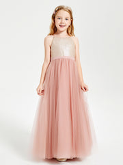 Sequined Top Long Tulle Junior Bridesmaid Gown Dusty Rose