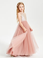 Sequined Top Long Tulle Junior Bridesmaid Gown Dusty Rose