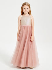 Sequined Top Long Tulle Junior Bridesmaid Gown Dusty Rose