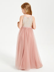 Sequined Top Long Tulle Junior Bridesmaid Gown Dusty Rose