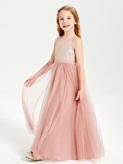 Sequined Top Long Tulle Junior Bridesmaid Gown Dusty Rose