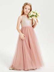 Sequined Top Long Tulle Junior Bridesmaid Gown Dusty Rose