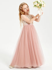 Sequined Top Long Tulle Junior Bridesmaid Gown Dusty Rose