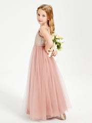 Sequined Top Long Tulle Junior Bridesmaid Gown Dusty Rose