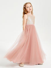 Sequined Top Long Tulle Junior Bridesmaid Gown Dusty Rose