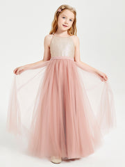 Sequined Top Long Tulle Junior Bridesmaid Gown Dusty Rose