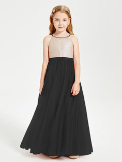 Sequined Top Long Tulle Junior Bridesmaid Gown Black