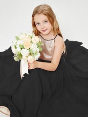 Sequined Top Long Tulle Junior Bridesmaid Gown Black