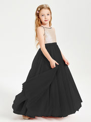 Sequined Top Long Tulle Junior Bridesmaid Gown Black