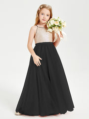 Sequined Top Long Tulle Junior Bridesmaid Gown Black
