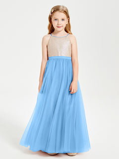 Sequined Top Long Tulle Junior Bridesmaid Gown Blue