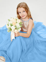 Sequined Top Long Tulle Junior Bridesmaid Gown Blue