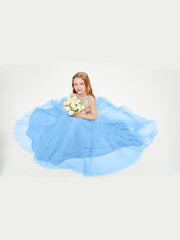 Sequined Top Long Tulle Junior Bridesmaid Gown Blue