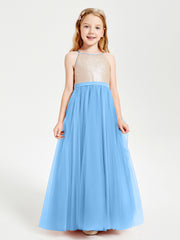 Sequined Top Long Tulle Junior Bridesmaid Gown Blue