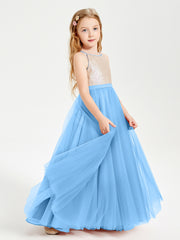 Sequined Top Long Tulle Junior Bridesmaid Gown Blue