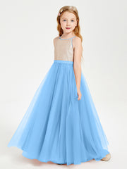 Sequined Top Long Tulle Junior Bridesmaid Gown Blue