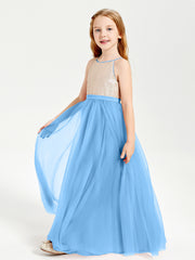 Sequined Top Long Tulle Junior Bridesmaid Gown Blue