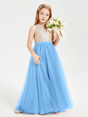 Sequined Top Long Tulle Junior Bridesmaid Gown Blue