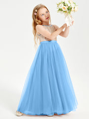 Sequined Top Long Tulle Junior Bridesmaid Gown Blue