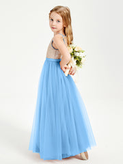 Sequined Top Long Tulle Junior Bridesmaid Gown Blue