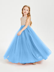 Sequined Top Long Tulle Junior Bridesmaid Gown Blue