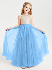 Sequined Top Long Tulle Junior Bridesmaid Gown Blue