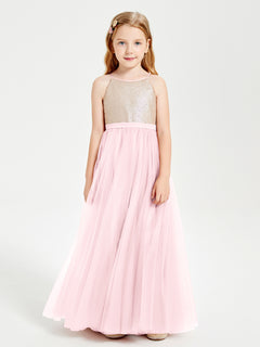 Sequined Top Long Tulle Junior Bridesmaid Gown Blushing Pink