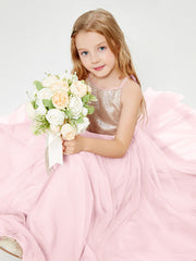 Sequined Top Long Tulle Junior Bridesmaid Gown Blushing Pink
