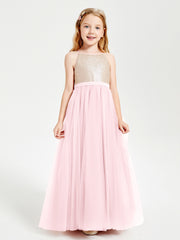 Sequined Top Long Tulle Junior Bridesmaid Gown Blushing Pink