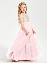 Sequined Top Long Tulle Junior Bridesmaid Gown Blushing Pink